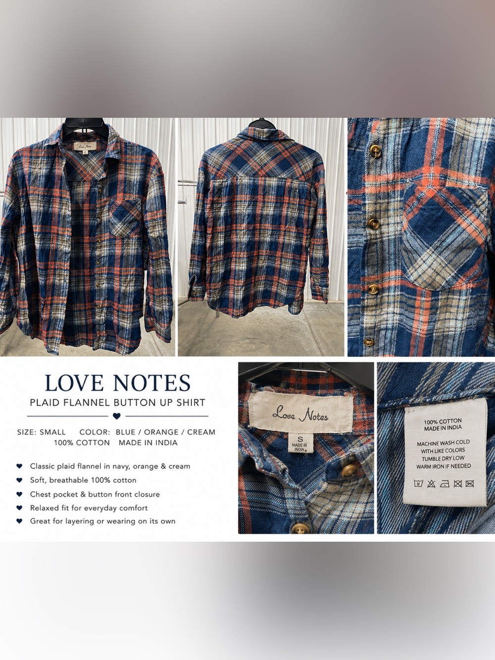 Love Notes Blue Orange Cream Plaid Flannel Shirt